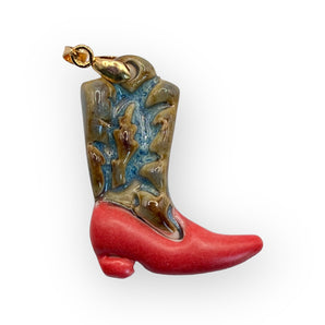  Ceramic Cowgirl Red Boot  Pendant - Unique Western Charm - Handmade Accessory- Real Gold