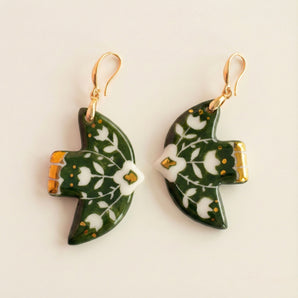 Forest Green Swallow Earrings – Hand-Painted Porcelain Bird with Gold Luster