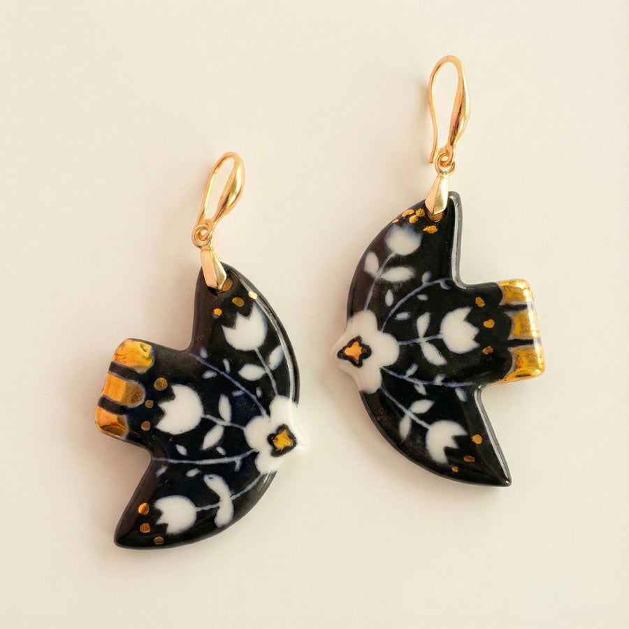 Classic Black & White Swallow Earrings – Hand-Painted Porcelain & 22k Gold