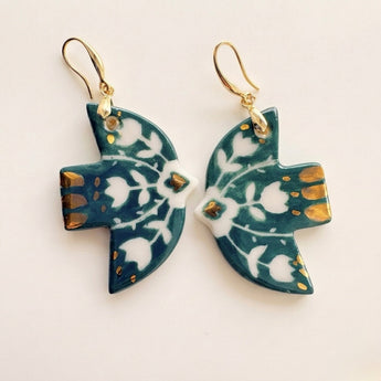 Porcelain Bird Earrings | Teal & 22K Gold Lustre | Handmade in Canada