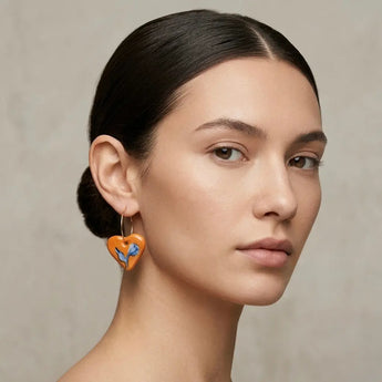 Orange Heart Porcelain Earrings – Blue Tulip Motif & 22K Gold Lustre BitaJewells