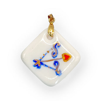 Hand-Painted Porcelain Slingshot  Pendant with Red Heart and Gold Design
