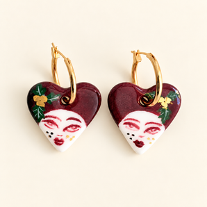 Burgundy Gold Floral Face Porcelain Heart Hoop Earrings
