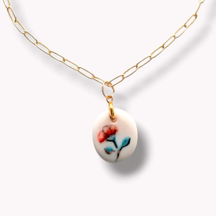 Hand-painted red poppy porcelain pendant necklace with 22K gold lustre