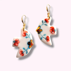 Porcelain Dove Earrings – Red Poppy & 22K Gold Lustre BitaJewells