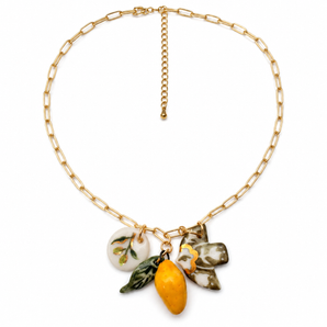 Hand-painted porcelain lemon and leaf charm necklace on gold paperclip chain, BitaJewells