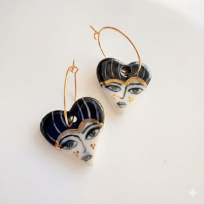 Hand-Painted Porcelain Earrings with 22K Gold Luster - Unique Black and White Heart Design