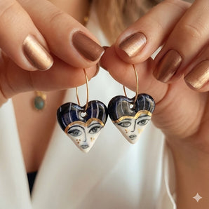 Hand-Painted Porcelain Earrings with 22K Gold Luster - Unique Black and White Heart Design