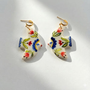 Porcelain Bird Earrings With Hand Painted Floral Designs – Unique Artisan Jewelry