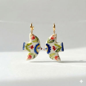 Porcelain Bird Earrings With Hand Painted Floral Designs – Unique Artisan Jewelry
