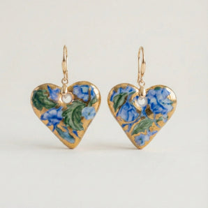 Hand-Painted Porcelain Flower Earrings – Delft Blue & 22K Gold Lustre