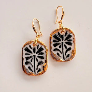 Black Botanical Relief Porcelain Earrings – sculptural carved botanical pattern with 22K gold edge, BitaJewells