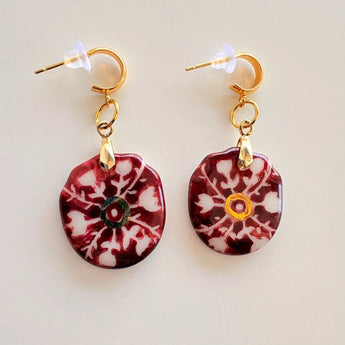 Burgundy Porcelain Disc Earrings | 22K Gold Floral Tile Statement Earrings BitaJewells