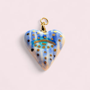 Elegant Evil Eye Pendant - Handcrafted Porcelain Heart with 24K Gold Accents & Delft Blue Floral Design