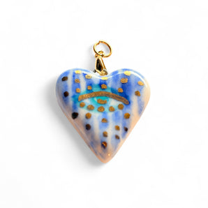 Elegant Evil Eye Pendant - Handcrafted Porcelain Heart with 24K Gold Accents & Delft Blue Floral Design