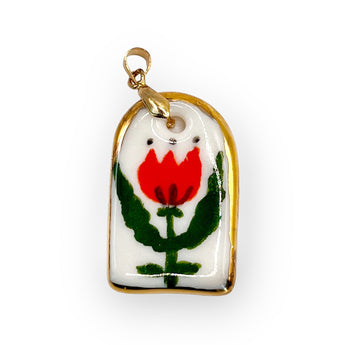 Hand-Painted Porcelain Red Flower Pendant with Gold Design