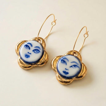 Gold Flower Face Earrings - image 1