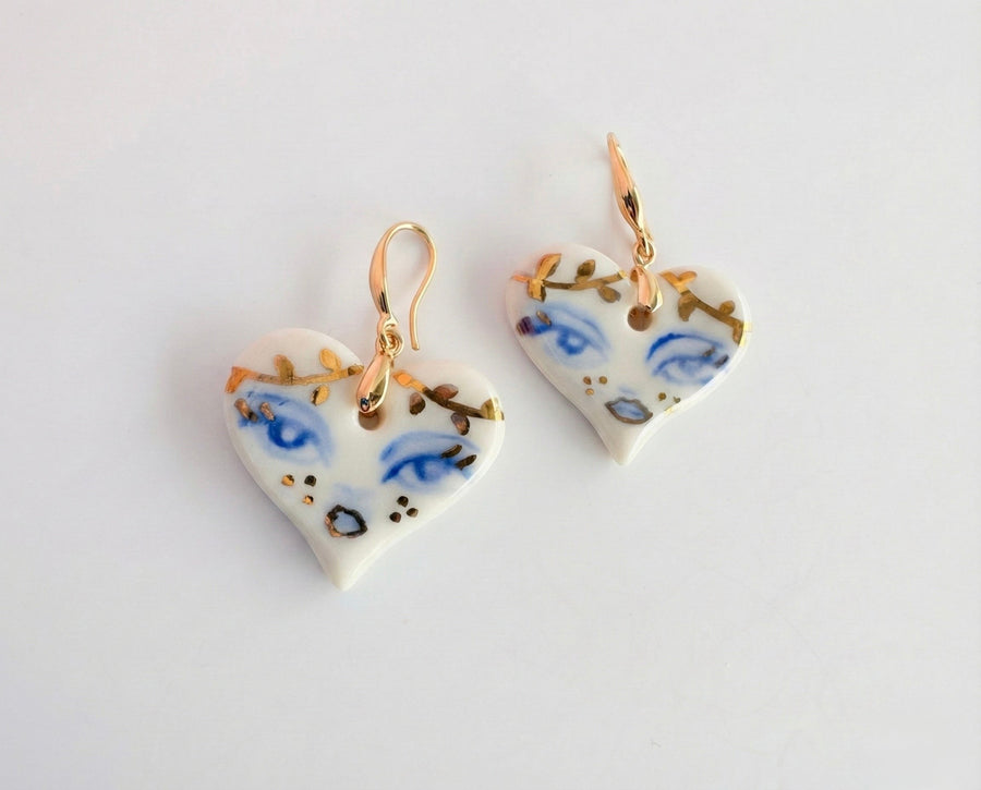 Cobalt eye porcelain heart earrings with genuine 22K gold lustre