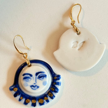 Back view of the Celestial Gaze Porcelain Earrings showcasing the unique design in cobalt blue and gold, an ideal choice for unique statement earrings.