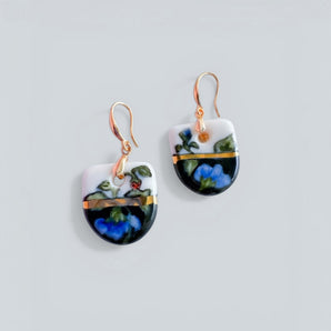 Delft blue floral porcelain half-moon earrings with 22K gold lustre