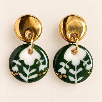 Green botanical porcelain earrings with gold stud tops