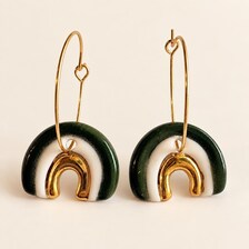Green rainbow handmade porcelain earrings with gold hoops