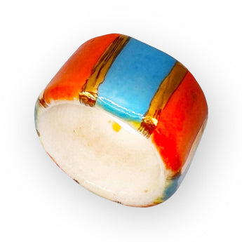 Size 9 US - Handmade Porcelain Ring, Blue and Orange Stripes