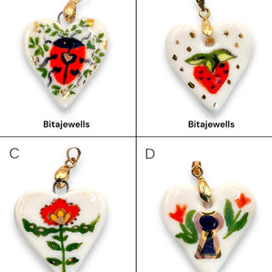 Hand-Painted Porcelain Heart Pendants with Gold Accents - Unique Ceramic Necklaces - Strawberry, Floral, and Keyhole Designs by Bitajewells