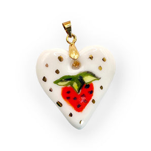 Hand-Painted Porcelain Heart Pendants with Gold Accents - Unique Ceramic Necklaces - Strawberry, Floral, and Keyhole Designs by Bitajewells