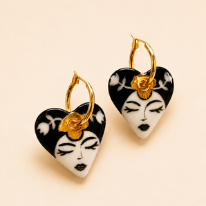 Face Muse Heart Earrings – hand-painted porcelain with serene feminine face & 22K gold lustre, BitaJewells