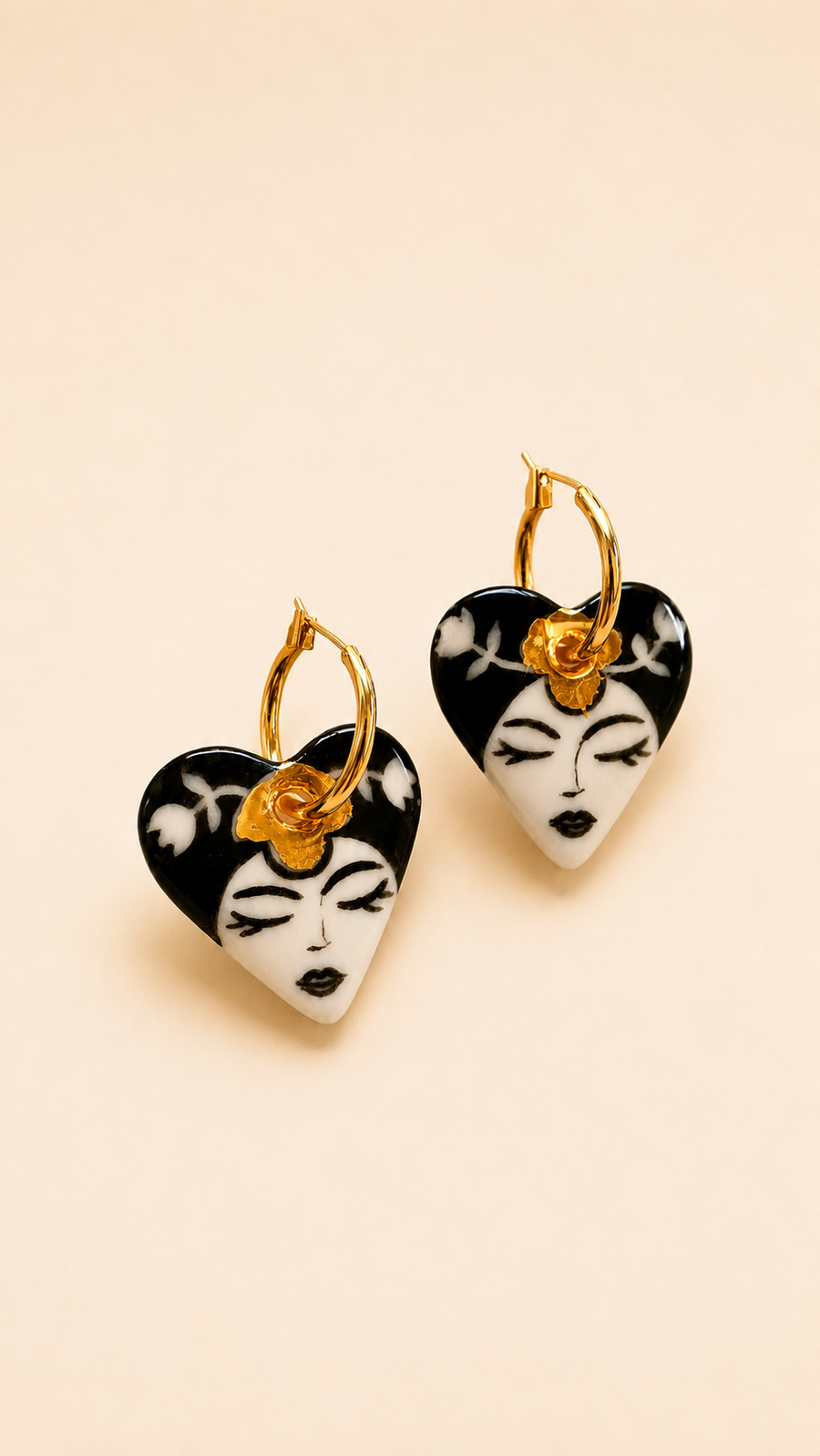 Face Muse Heart Earrings – hand-painted porcelain with serene feminine face & 22K gold lustre, BitaJewells