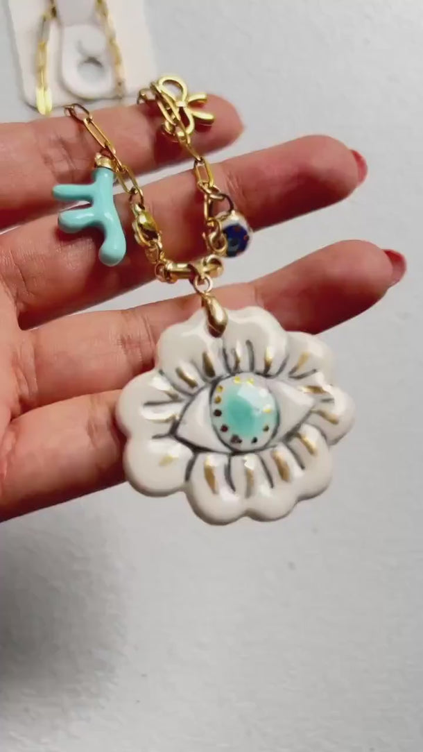 Handmade Gold Chain Necklace with Habdmade Porcelain Eye Pendant, Evil Eye Charm, and Gold Bow – Unique Artistic Jewelry- Gift for he