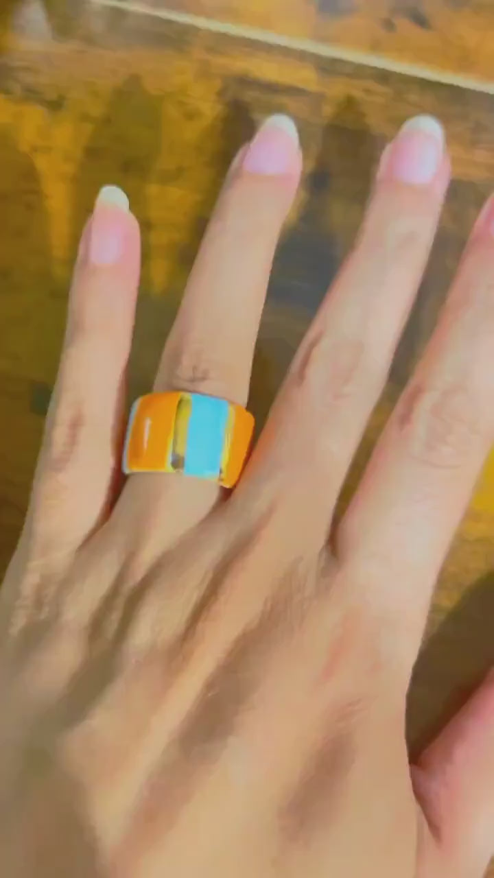 Size 9 US - Handmade Porcelain Ring, Blue and Orange Stripes