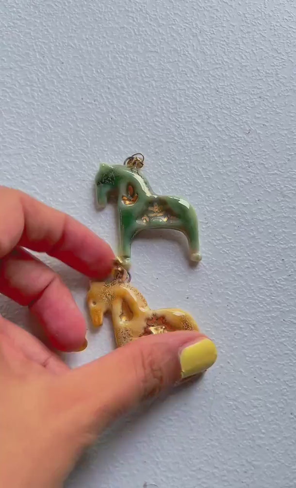 Whimsical Horse Pendant in Handmade Ceramic with Gold Touches - Green or Amber Glaze