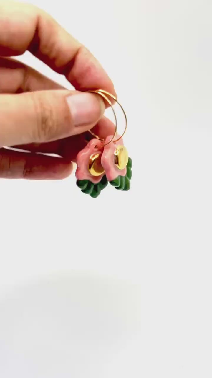 Handmade Porcelain Flower Earrings with Gold Detailing | Coral & Green Ceramic Hoops | Unique Floral Jewelry | Statement EarringsChristmas