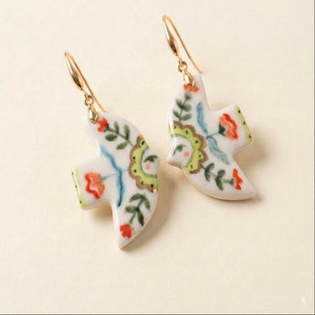 Floral Dove Earrings – Hand-Painted Porcelain Bird with Botanical Motif & Gold Plated Hooks