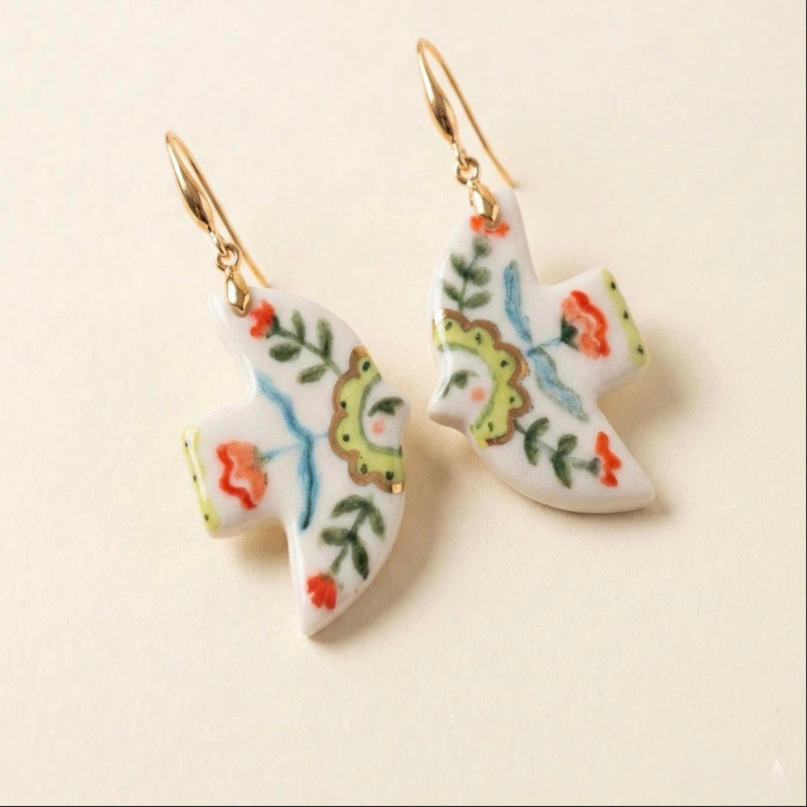 White coral floral hand-painted porcelain dove earrings with 22K gold lustre