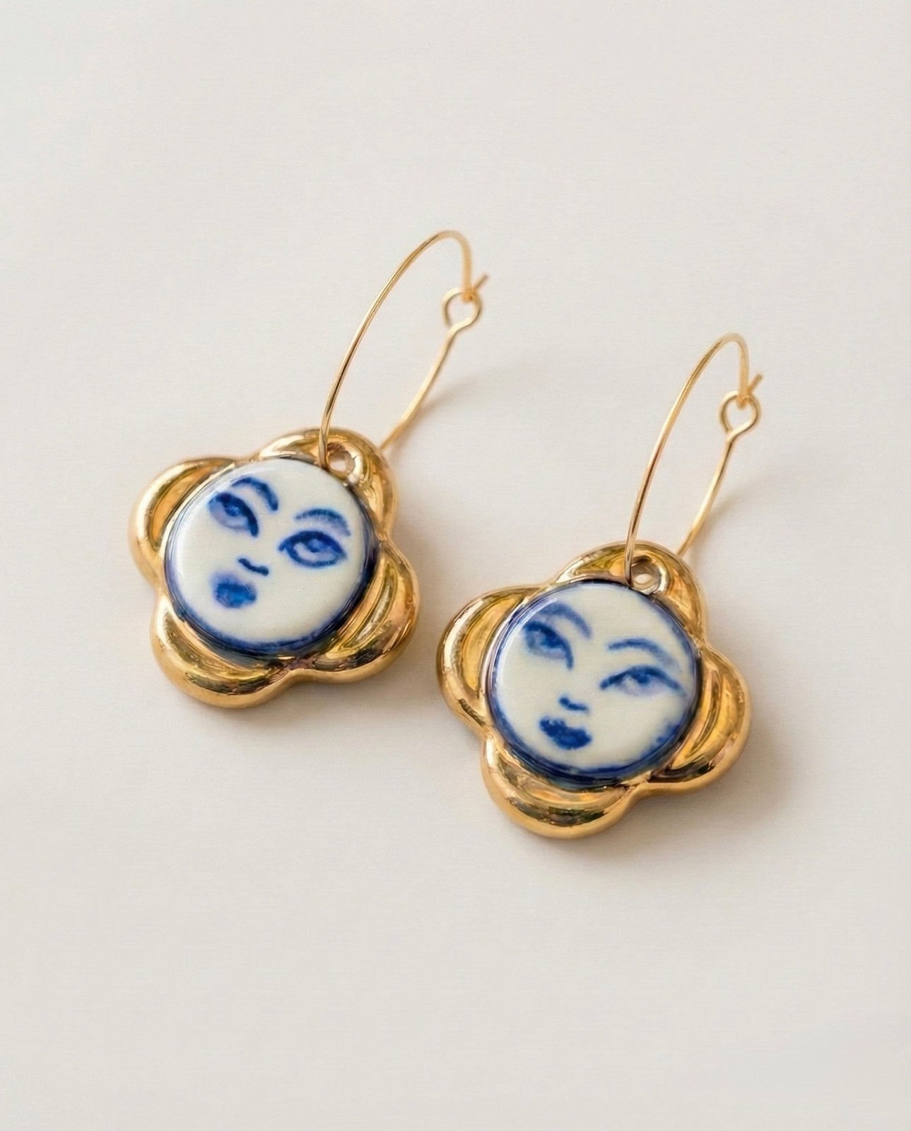 Blue portrait porcelain hoop earrings